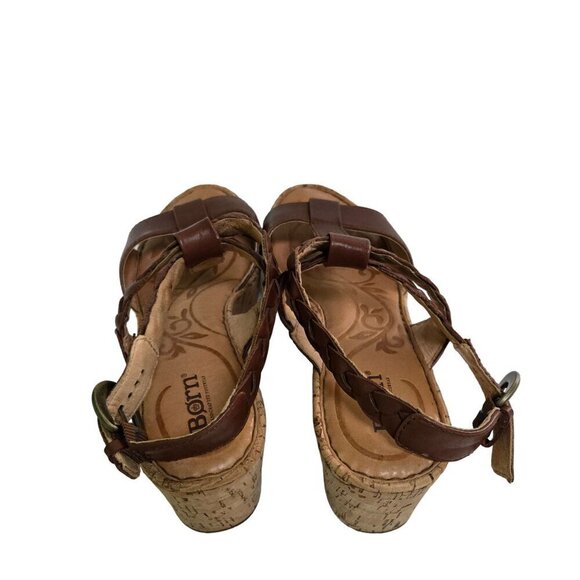 Born Laurene In Saddle Brown Braided Leather Cork Wedge Sandals Size 9 - Picture 7 of 10